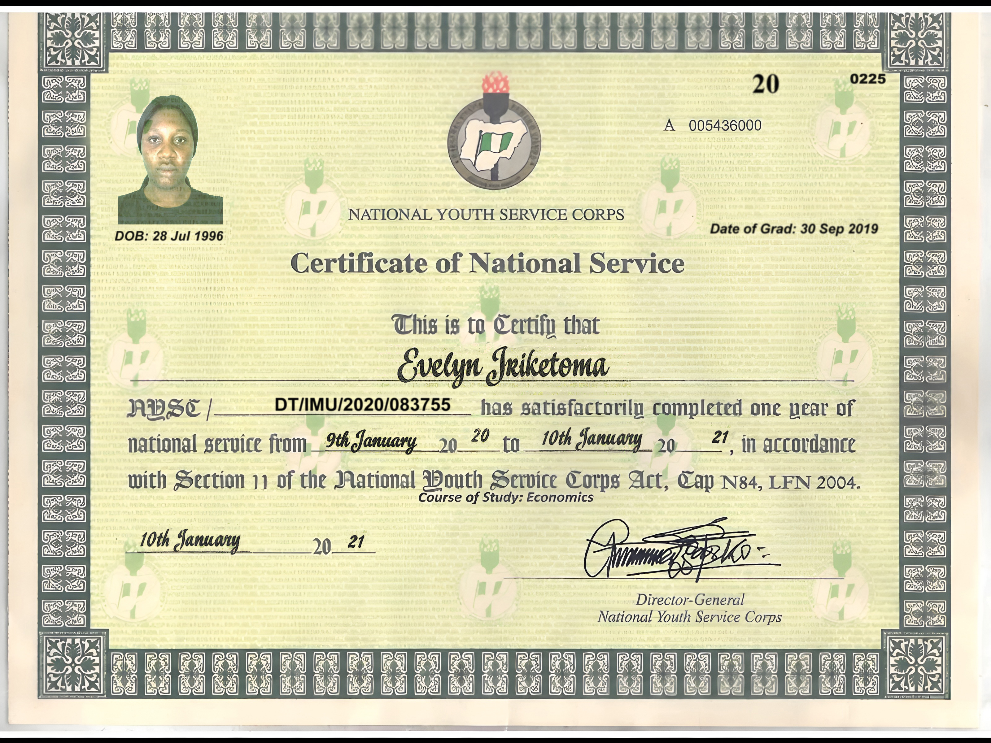 Evelyn Iriketoma NYSC certificate